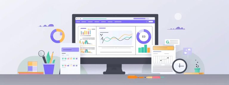 a dynamic and detailed flat lay of a technical seo audit checklist, showcasing neatly organized elements like diagnostics tools, graphs, and notes against a sleek, minimalist workspace background, illuminated by soft, natural light.