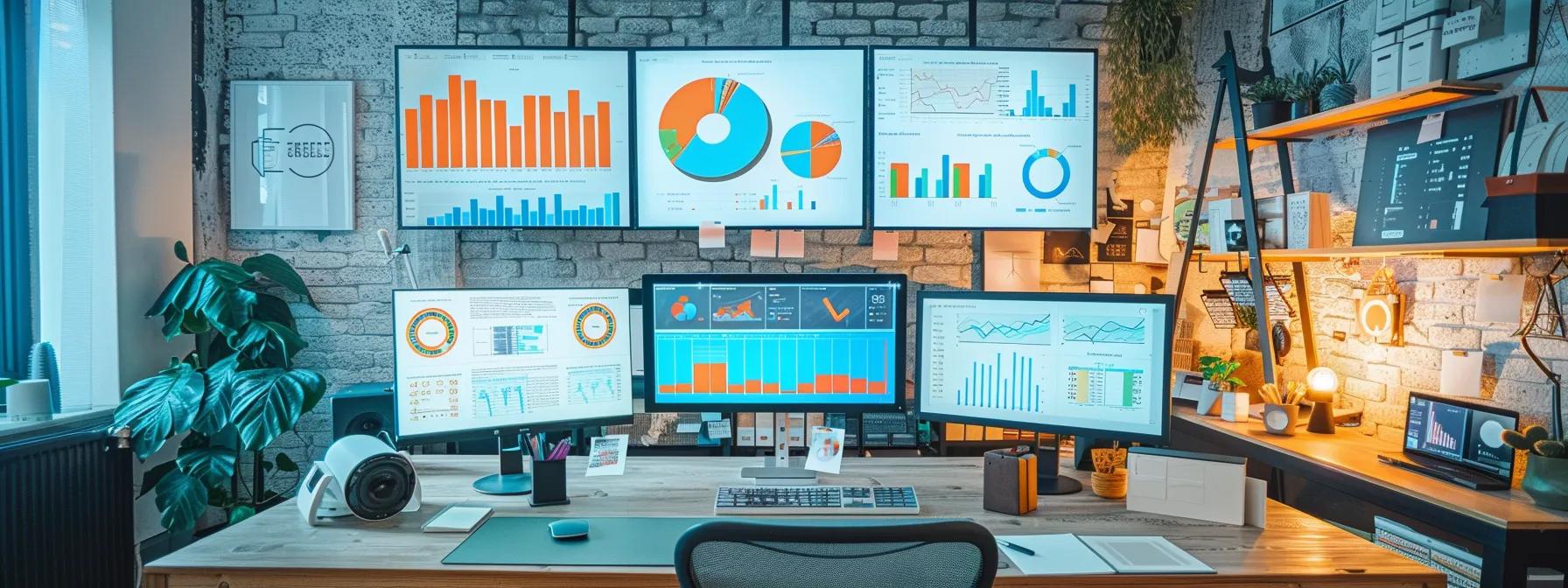 a dynamic and vibrant digital marketing workspace illustrates the seamless integration of seo, social media, and content marketing, highlighted by colorful graphs and analytics displays, emphasizing growth and engagement through collaboration.