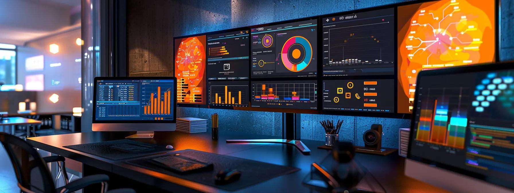 a dynamic digital workspace showcases vibrant graphs and charts on a sleek monitor, symbolizing the analysis of website traffic and social media engagement metrics for strategic branding improvements.