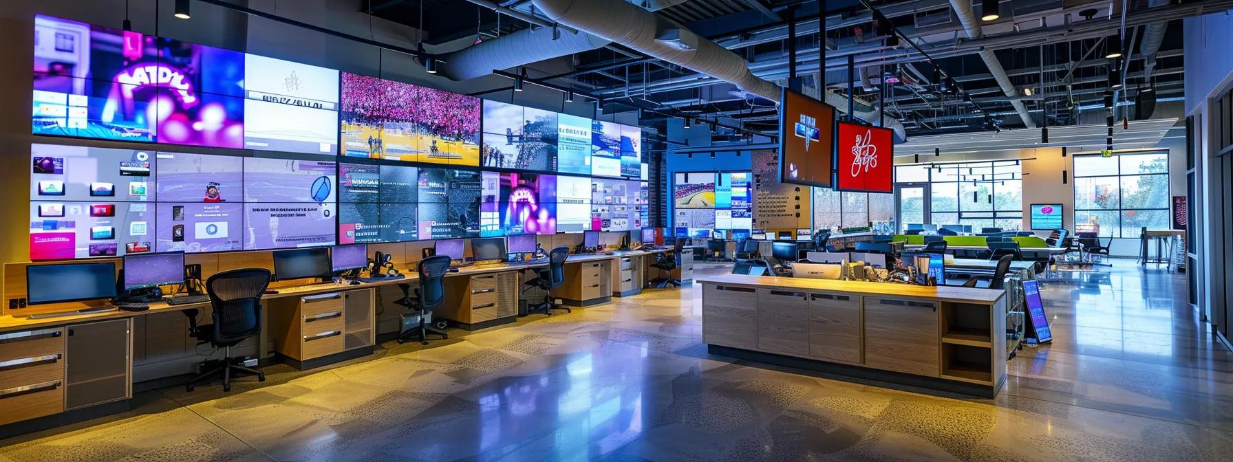 a vibrant and dynamic workspace filled with colorful digital screens displaying captivating visual content, highlighting the synergy between engaging media and effective branding strategies.