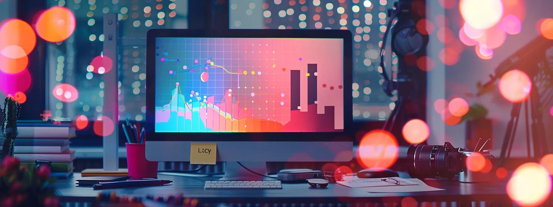 a vibrant desktop workspace filled with sleek digital tools, showcasing analytics graphs and social media icons against a backdrop of creative marketing materials, illuminated by soft natural light filtering through a window.