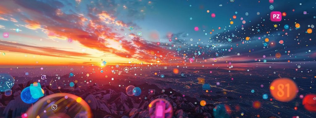 a vibrant digital landscape intertwining colorful social media icons and soaring search engine results, illuminated by a dynamic sunrise that symbolizes the powerful synergy between seo and social media.