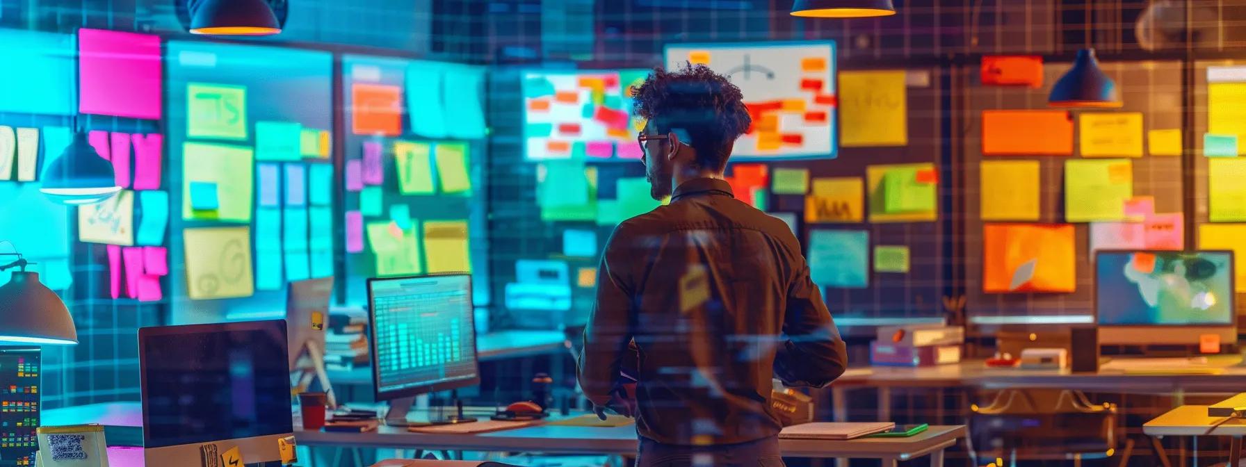 a vibrant workspace filled with colorful sticky notes and digital screens displaying trending keywords, symbolizing the dynamic process of crafting an effective integrated keyword strategy for branding and seo.