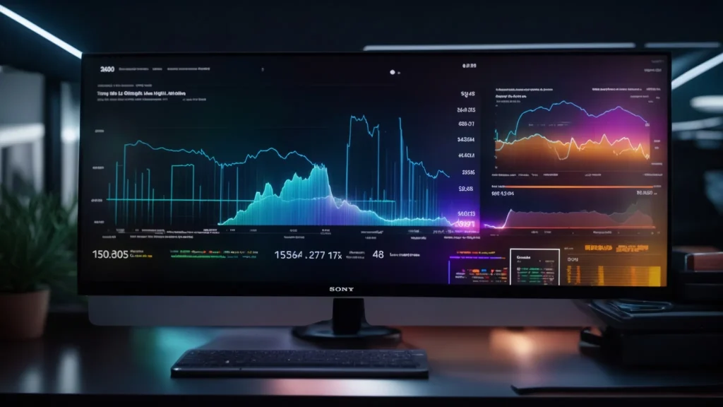 a dynamic digital landscape showcasing a glowing search bar filled with high intent keywords, surrounded by vibrant data visualizations and upward-trending graphs, symbolizing the unlocking of roi through enhanced seo strategies.