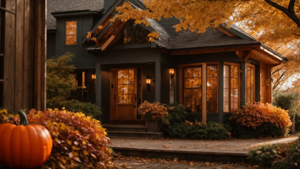 a vibrant seasonal real estate blog display featuring a cozy autumn-themed home with colorful leaves, inviting decor, and warm lighting that captures the essence of seasonal living.