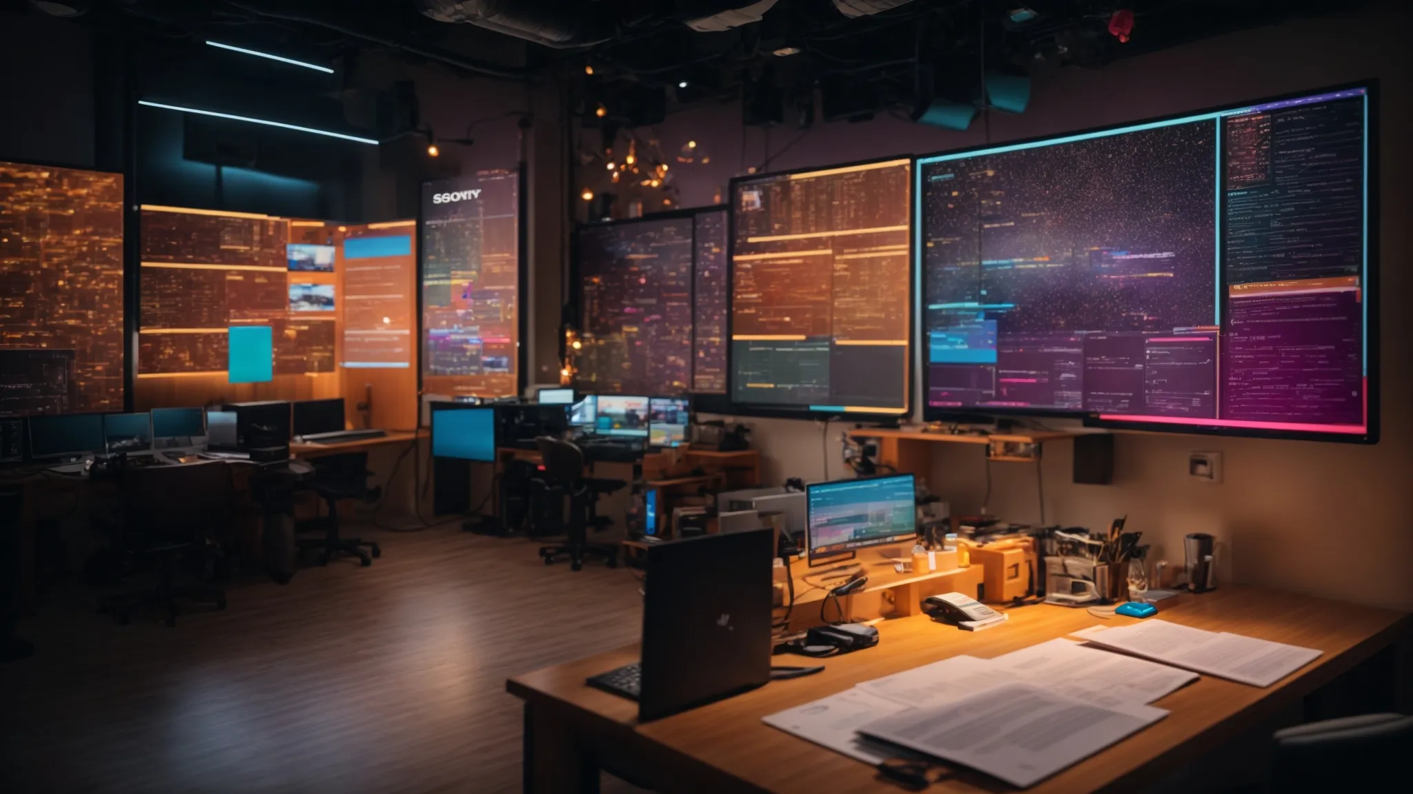 a vibrant workspace filled with colorful mind maps and interconnected flowcharts, illustrating the dynamic process of master keyword clustering in digital marketing.