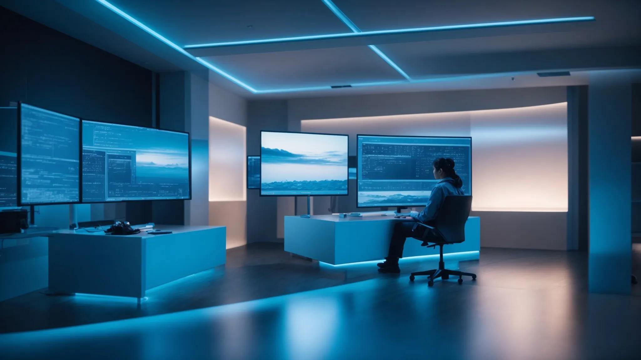 a sleek, modern digital workspace bathed in soft blue lighting, showcasing a focused individual immersed in solving complex website issues, symbolizing the mastery of fixing 404 errors to enhance user experience.