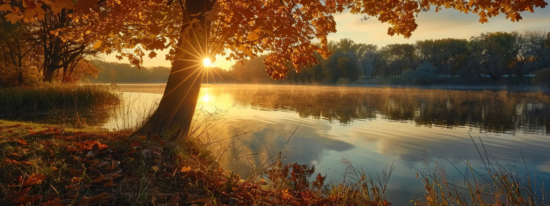 a breathtaking sunrise casts golden light over a tranquil lake, with vibrant autumn leaves reflecting off the shimmering water, creating a serene and picturesque landscape.
