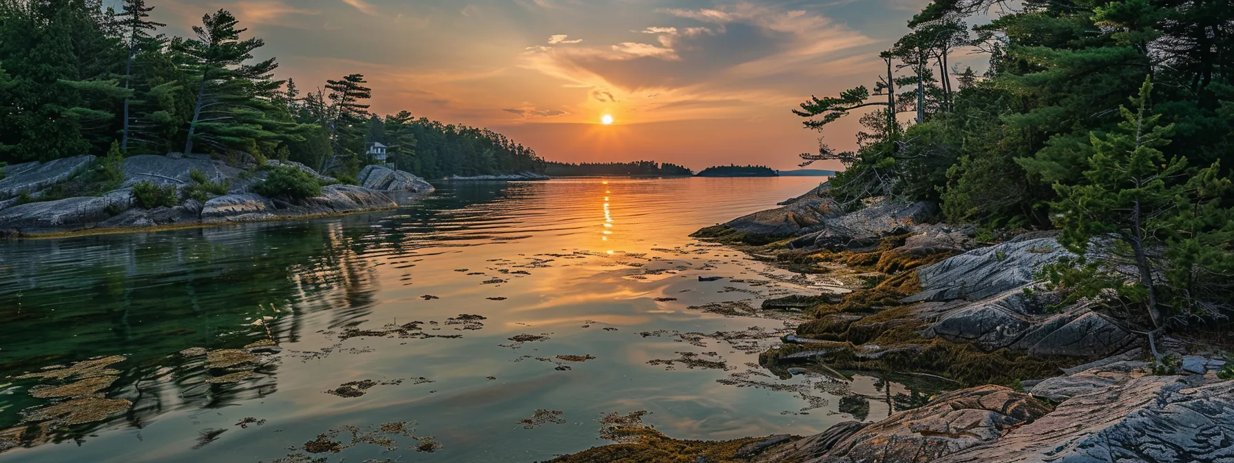 a breathtaking sunset casts a warm, golden glow over a serene lake, with vibrant reflections dancing on the water's surface amidst silhouettes of towering pine trees.