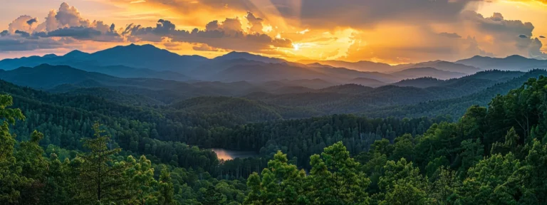 a breathtaking sunset casts a warm golden glow over a serene mountain landscape, with vibrant hues reflecting off a tranquil lake nestled among lush green trees.