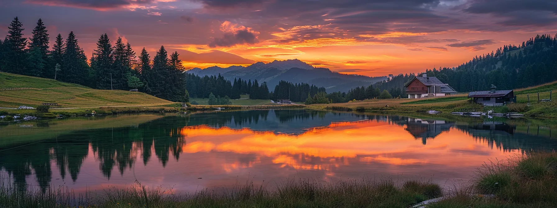 a breathtaking sunset casts vibrant hues of orange and purple over a serene lake, reflecting the tranquil beauty of the landscape.