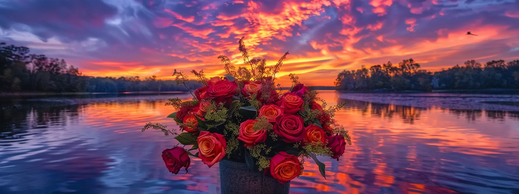 a breathtaking, vibrant sunset paints the sky in a cascade of fiery oranges and deep purples, reflecting off tranquil waters that merge seamlessly with the horizon.