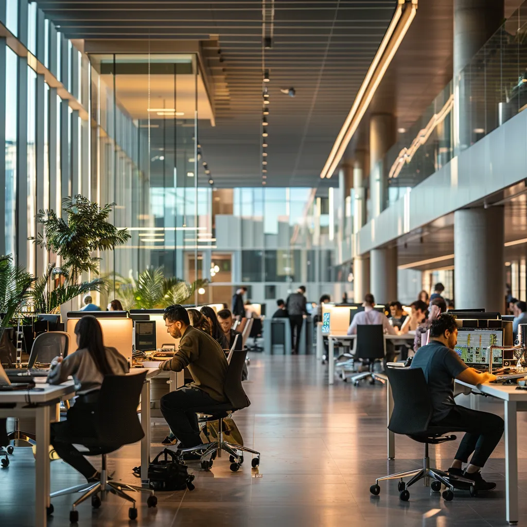 a bustling urban office space filled with diverse professionals engaged in dynamic discussions around sleek, modern workstations illuminated by bright ambient lighting.
