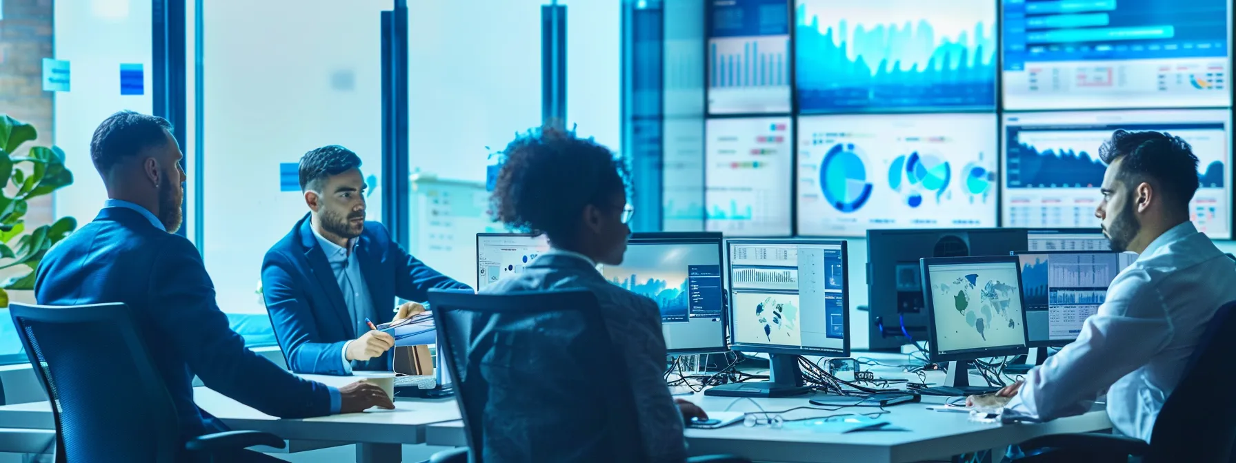a dynamic office environment showcases professionals analyzing website analytics on sleek monitors while collaborating around a modern conference table filled with digital reports and marketing strategies, embodying the essence of adaptive real estate marketing.