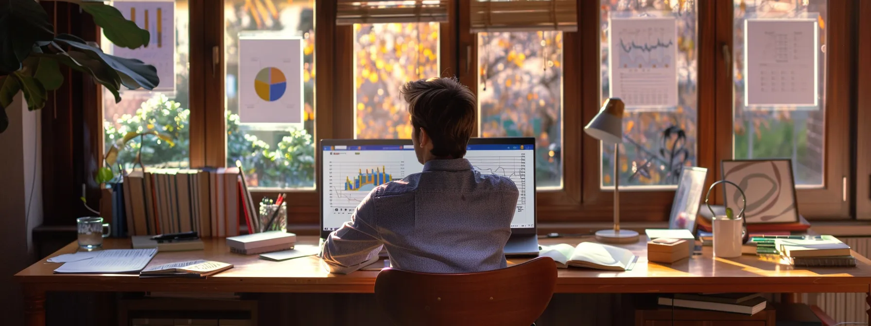 a dynamic office scene features a motivated realtor engaged in a virtual webinar on a sleek laptop, surrounded by insightful books and vibrant charts, symbolizing their commitment to continuous learning and growth in the competitive real estate market.