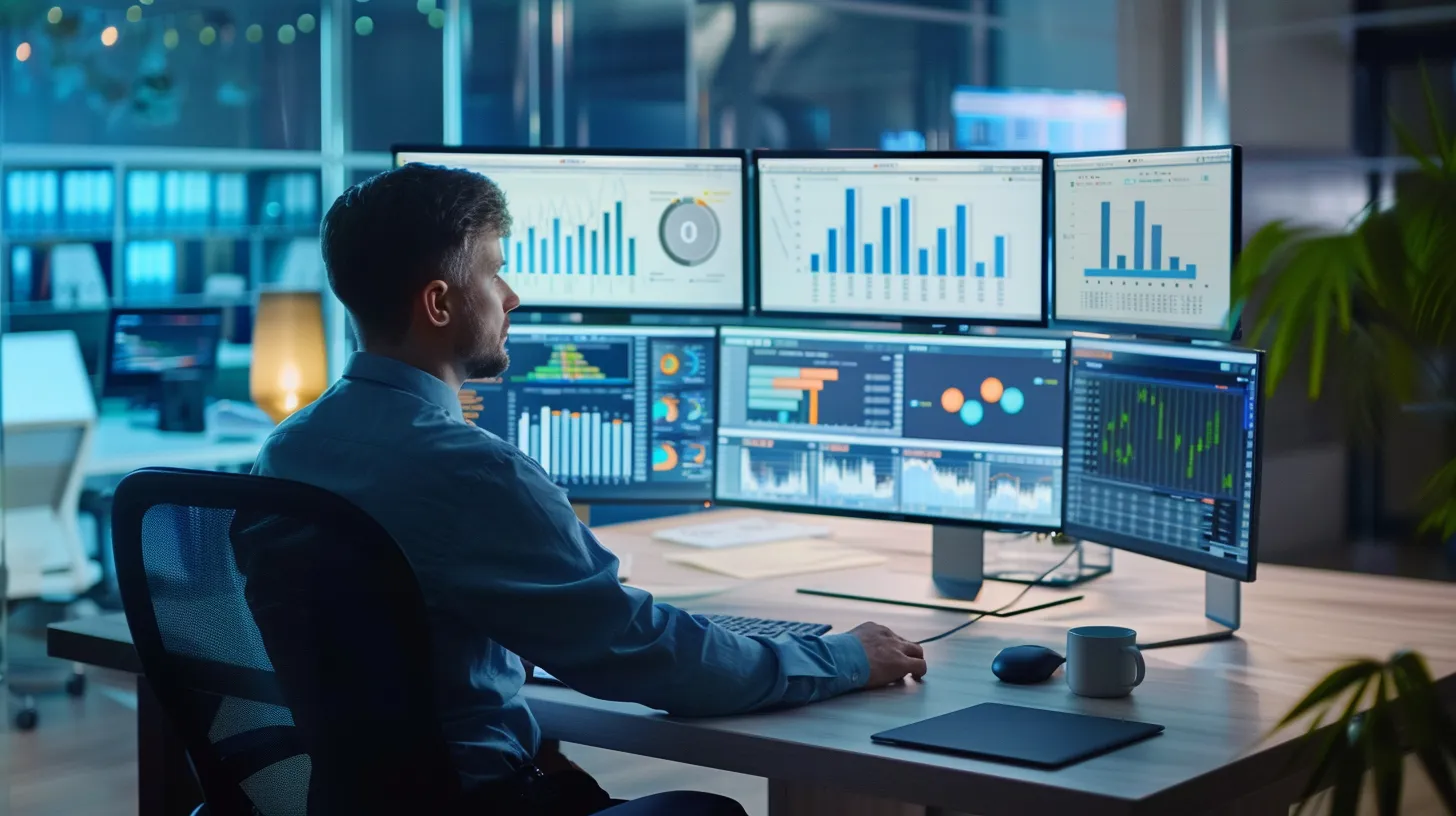 a dynamic urban office environment showcases a professional analyzing sleek analytics dashboards on multiple monitors, with vibrant graphs and data visualizations reflecting strategic insights for enhancing online real estate engagement.