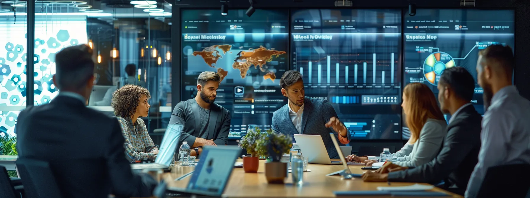 a dynamic urban office filled with professionals engaged in a brainstorming session, surrounded by digital screens displaying social media analytics and trending real estate strategies, conveying a sense of collaboration and innovation in overcoming marketing challenges.