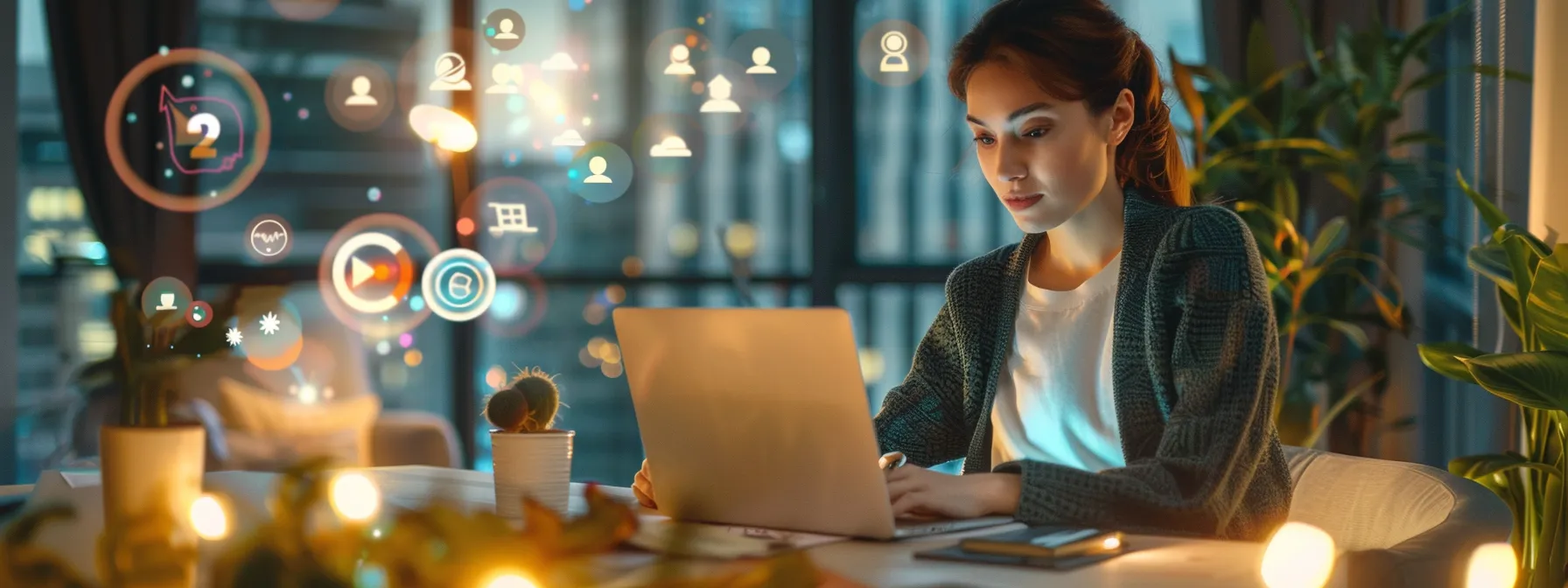 a dynamic urban office scene captures a confident real estate professional engaging with clients through a sleek laptop, while vibrant conversation bubbles and animated social media icons hover in the air, illustrating active online interaction and community connection.