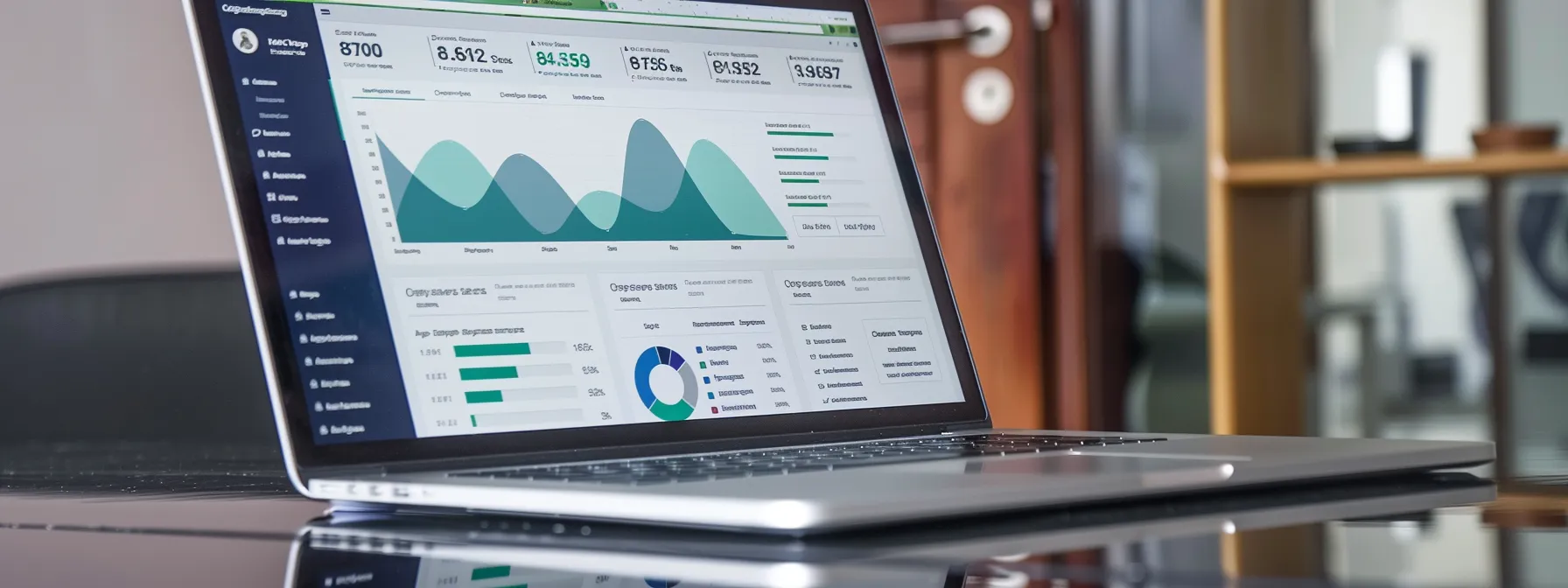 a focused office scene featuring a sleek laptop displaying the google analytics dashboard, illuminated by focused overhead lighting, with vibrant graphs and data metrics that convey the essence of digital marketing strategy tailored for realtors.