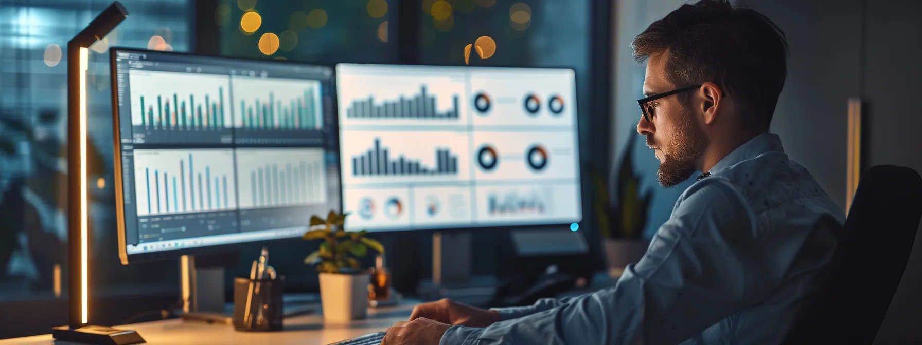 a focused professional in a sleek, modern office reviews a digital dashboard displaying vibrant graphs and metrics, highlighting lead conversion rates and performance analytics to drive strategic decisions.