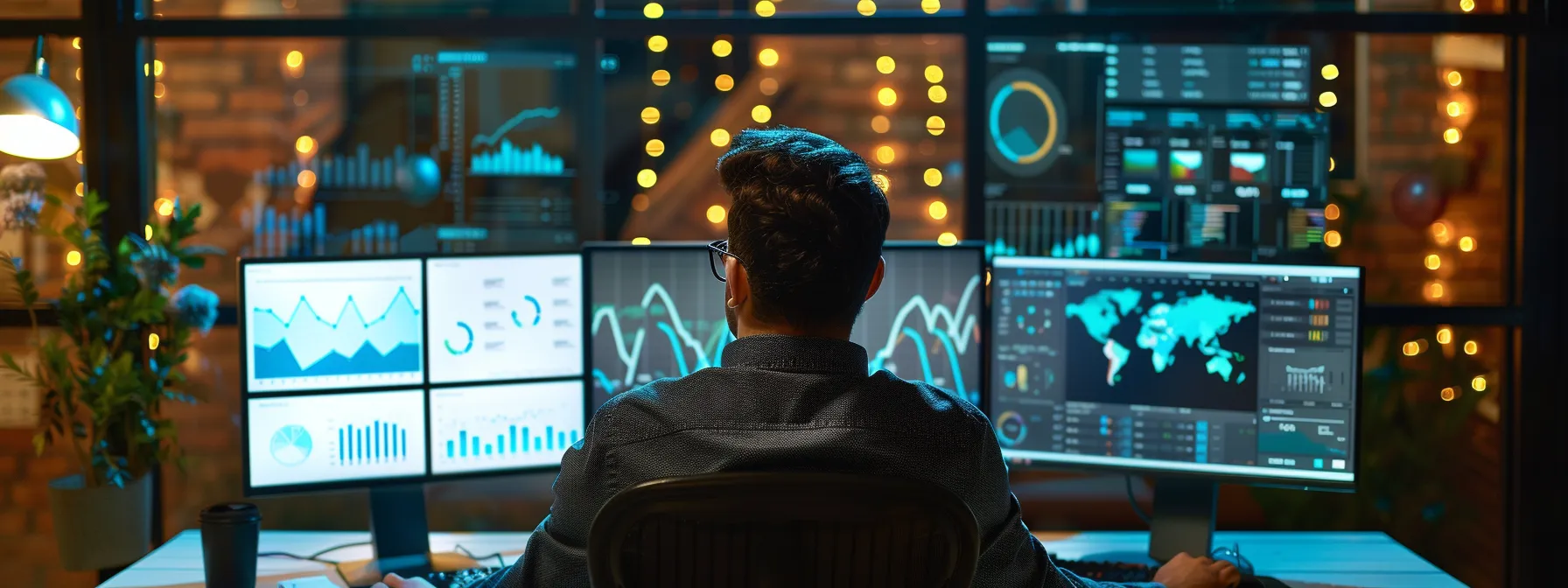 a focused professional sits at a sleek modern desk, surrounded by multiple screens displaying vibrant google analytics dashboards and trend graphs, immersed in a lively online webinar, reflecting a commitment to mastering digital marketing strategies.