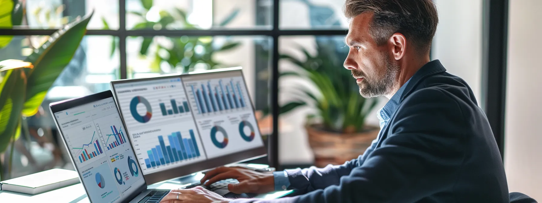 a focused real estate professional analyzes a vibrant dashboard of google analytics on a sleek laptop in a modern office, surrounded by charts and graphs on a digital display, highlighting the strategic insights that drive business decisions.