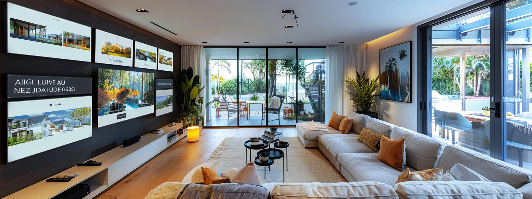 a futuristic real estate website layout, showcasing sleek, ai-driven design elements, immersive virtual property tours, and a vibrant interface that emphasizes user engagement and sustainability in a modern setting.