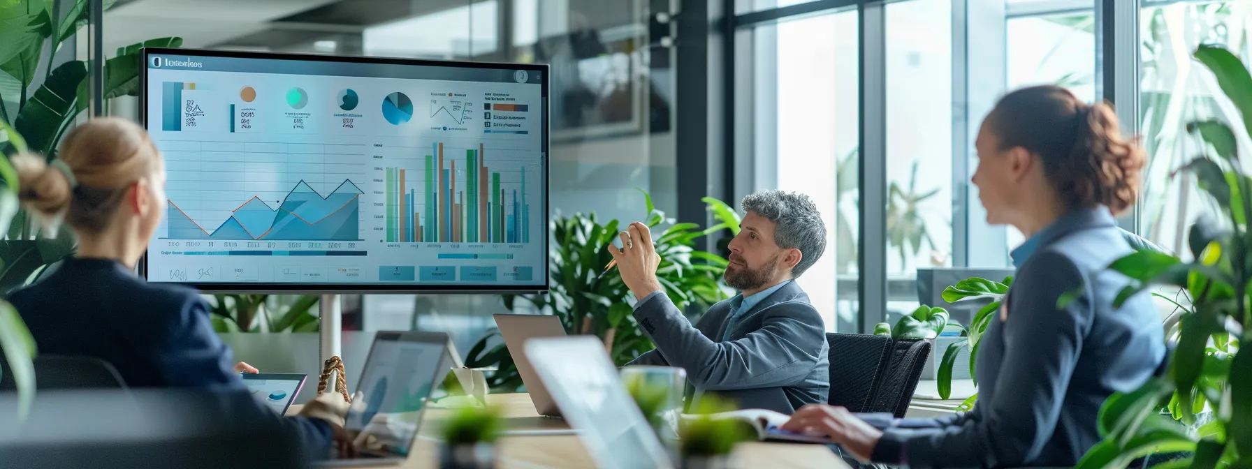 a modern office environment showcases a dynamic presentation screen displaying a success story of a realtor's crm integration, with engaged professionals analyzing data and discussing strategies amidst sleek, high-tech furnishings.