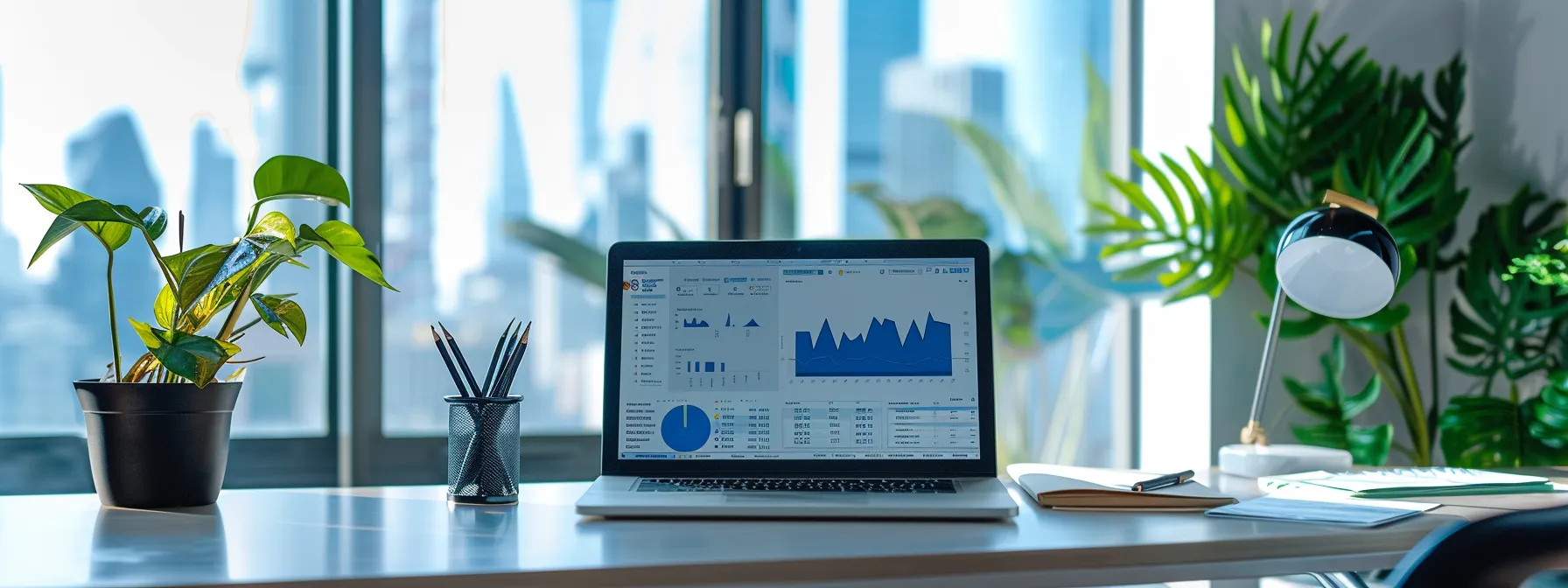 a modern office environment features a sleek desk with a laptop displaying a vibrant dashboard of a crm tool, alongside open industry blogs and expert webinars on market analysis and marketing strategies, set against a backdrop of urban skyline vistas through large windows.