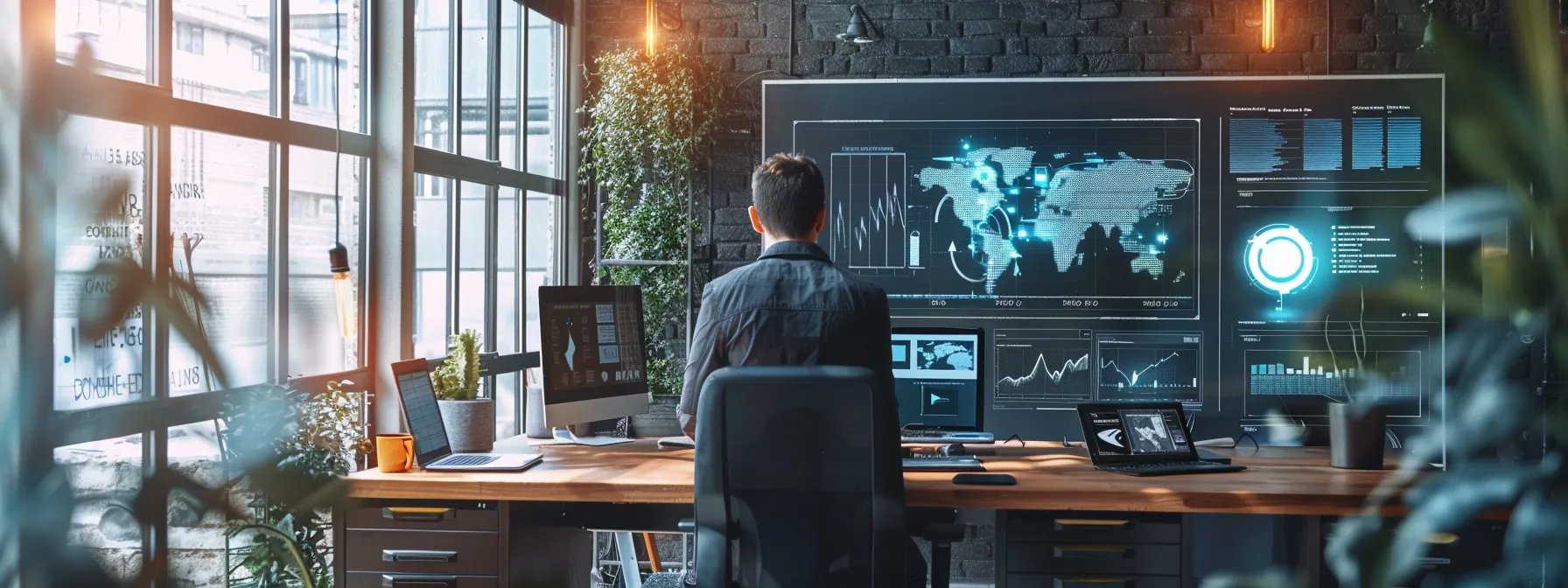 a modern office interior featuring a sleek digital display showcasing targeted lead generation statistics, with a focused business professional analyzing data on a laptop while a chatbot interface is visible on a nearby tablet.
