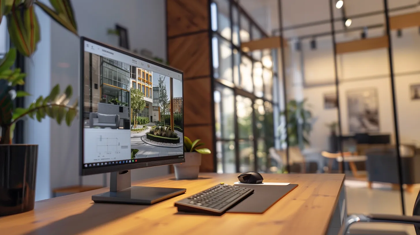 a modern office space features a sleek computer desk displaying a virtual tour of a stylish property, while an interactive chatbot interface pops up on the screen, emphasizing the integration of advanced technology in the real estate industry.