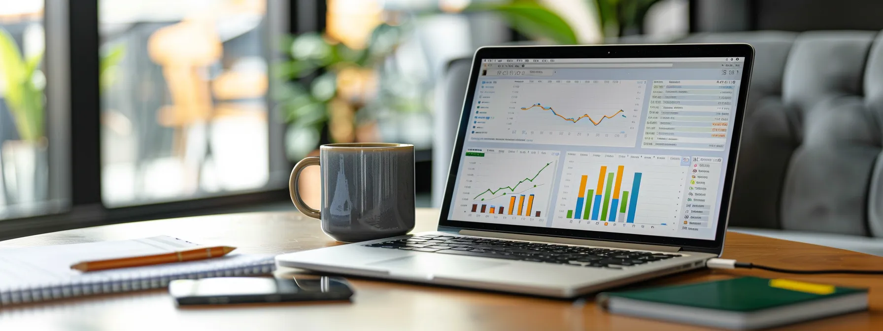 a modern office space features a sleek laptop displaying vibrant google analytics dashboards, surrounded by marketing strategy documents and a cup of coffee, symbolizing the dynamic refinement of real estate services through data-driven insights.