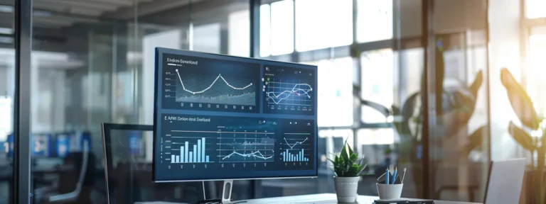 a modern office space features a sleek computer monitor displaying google analytics dashboards, surrounded by contemporary decor, emphasizing data-driven real estate insights and analytics.