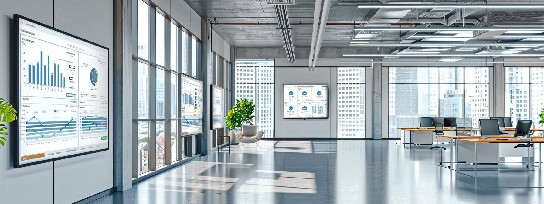 a modern office space filled with data dashboards on screens, showcasing dynamic graphs and charts that represent audience demographics and user behavior insights, emphasizing a strategic approach to social media marketing in the real estate sector.