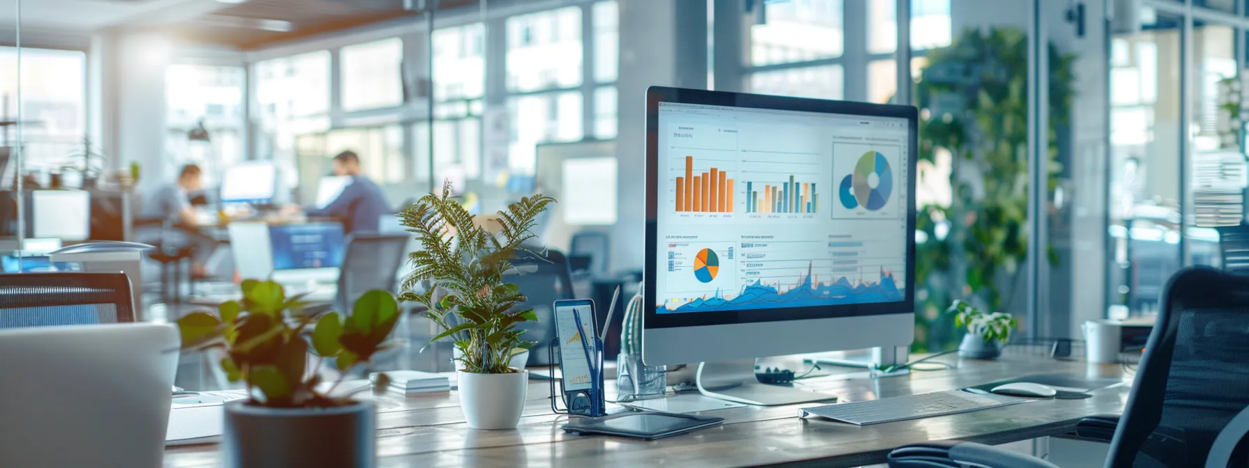 a modern office space showcases a sleek computer setup displaying a dynamic crm dashboard, surrounded by team members engaged in a focused discussion, emphasizing the integration of technology in enhancing client communications and operational efficiency.