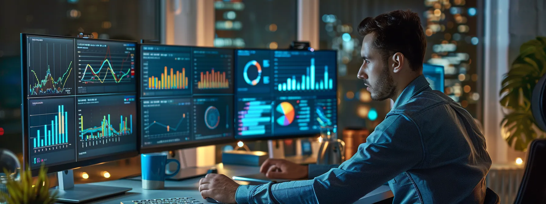 a modern office workspace features a digital marketing specialist intently analyzing social media analytics on multiple screens, surrounded by vibrant visuals of real estate listings, conveying the dynamic intersection of technology and real estate sales.