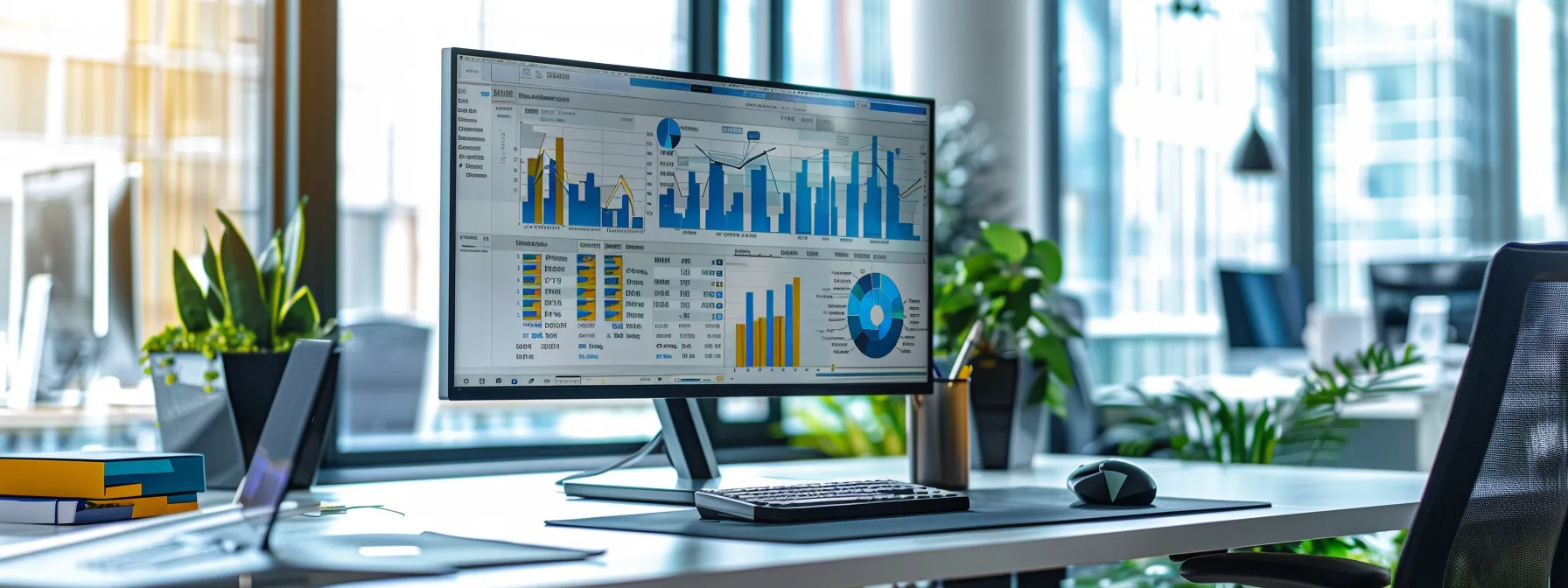 a modern office workspace featuring a sleek computer screen displaying a dynamic crm dashboard filled with colorful graphs and analytics, emphasizing efficient client management and lead tracking, complemented by organized workstations and a bright, professional atmosphere.