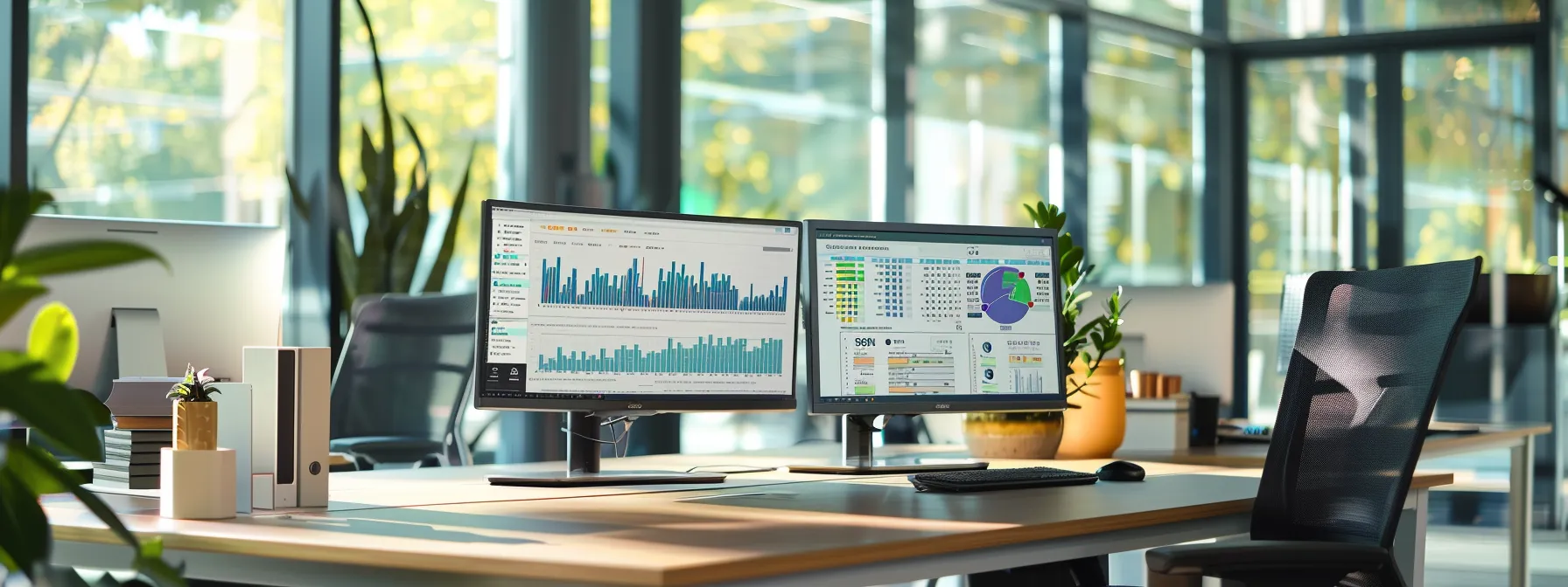 a modern office workspace showcases sleek computers displaying dynamic performance analytics dashboards, while a chat interface pops up on one screen, emphasizing the integration of crm tools and email marketing platforms for an efficient realtor site performance.