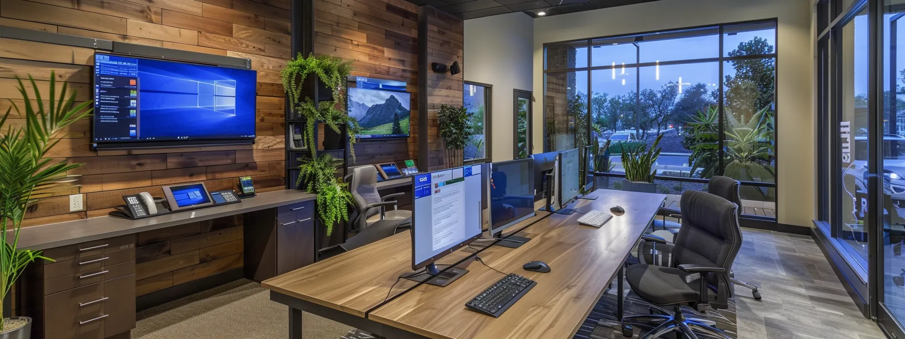 a modern real estate office showcases a sleek workstation filled with advanced marketing tools and software displays, illuminated by bright led lights, emphasizing a cutting-edge environment that reflects the latest industry trends and technology.