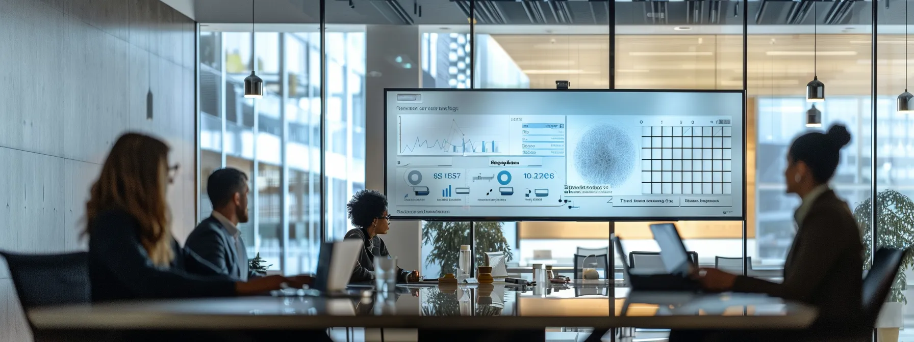 a modern, sleek office space with a digital display showcasing crm analytics, featuring realtors engaged in a collaborative discussion about productivity and social media integration, illuminated by focused artificial lighting.