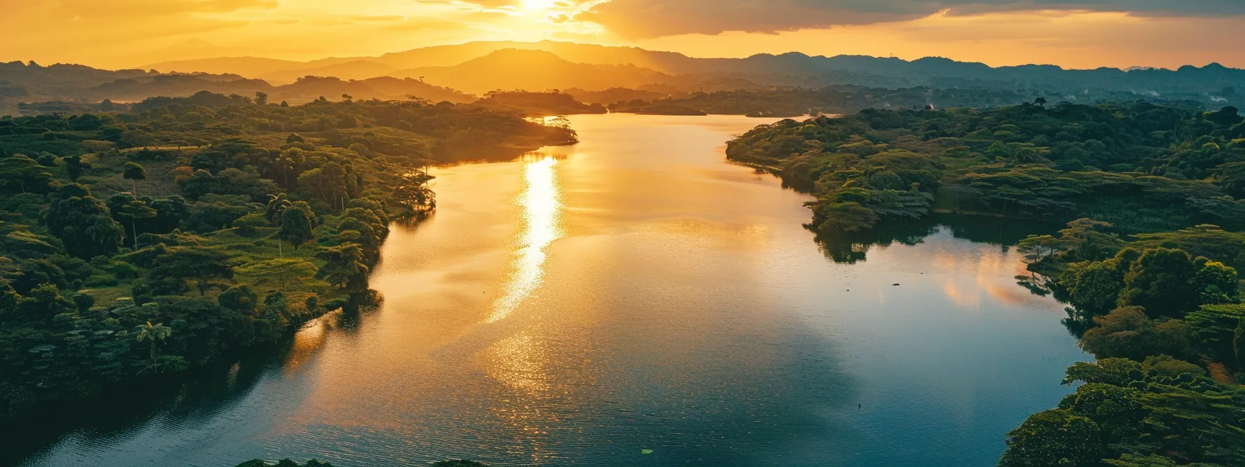 a radiant sunset casts a warm golden glow over a tranquil lake, with vibrant reflections dancing on the water's surface amidst lush greenery surrounding the shoreline.