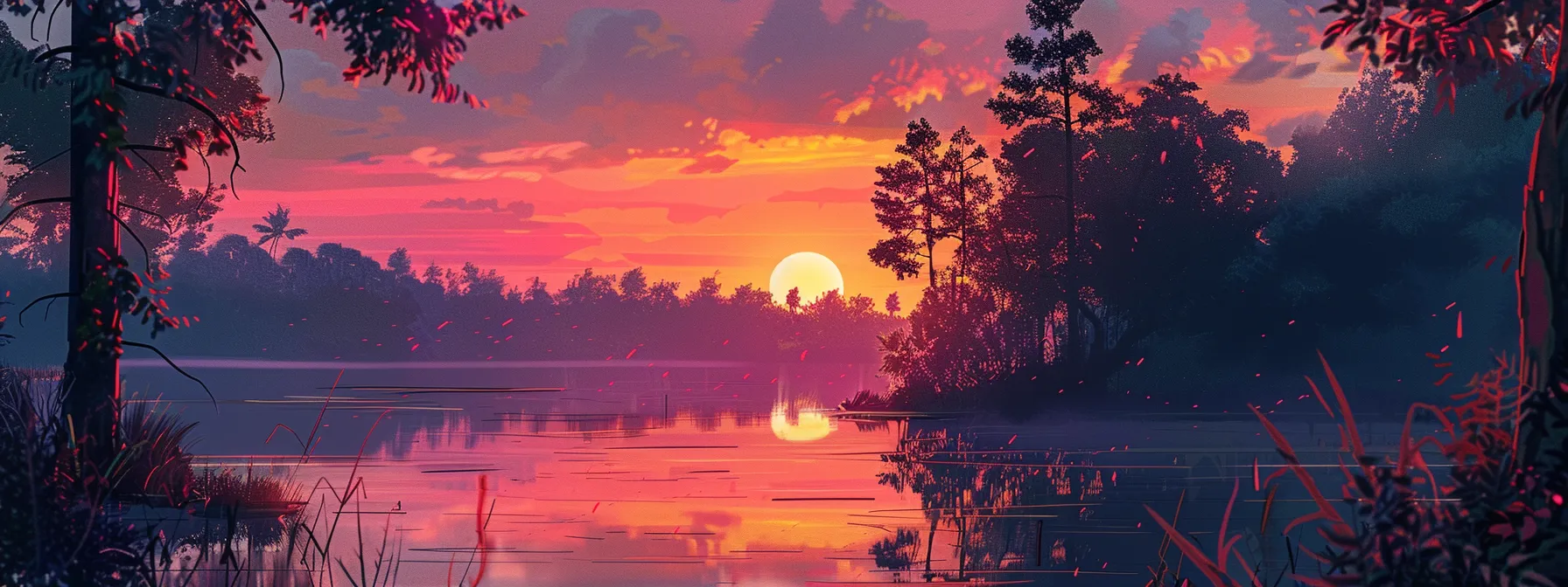 a radiant sunset casts vibrant hues of orange and pink over a serene lake, reflecting the glowing sky amidst silhouettes of tall, leafy trees.