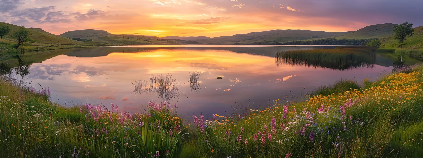a serene landscape captures a tranquil lake at sunrise, its glassy surface reflecting the vibrant hues of orange and pink skies, framed by lush green hills and scattered wildflowers.