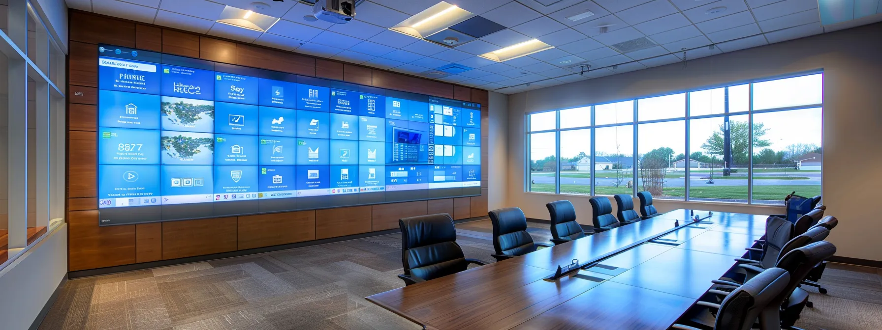 a sleek and modern real estate office interior showcasing an innovative grid layout on a large digital screen, accentuated by soft ambient lighting that highlights property listings and creates an inviting atmosphere for clients.