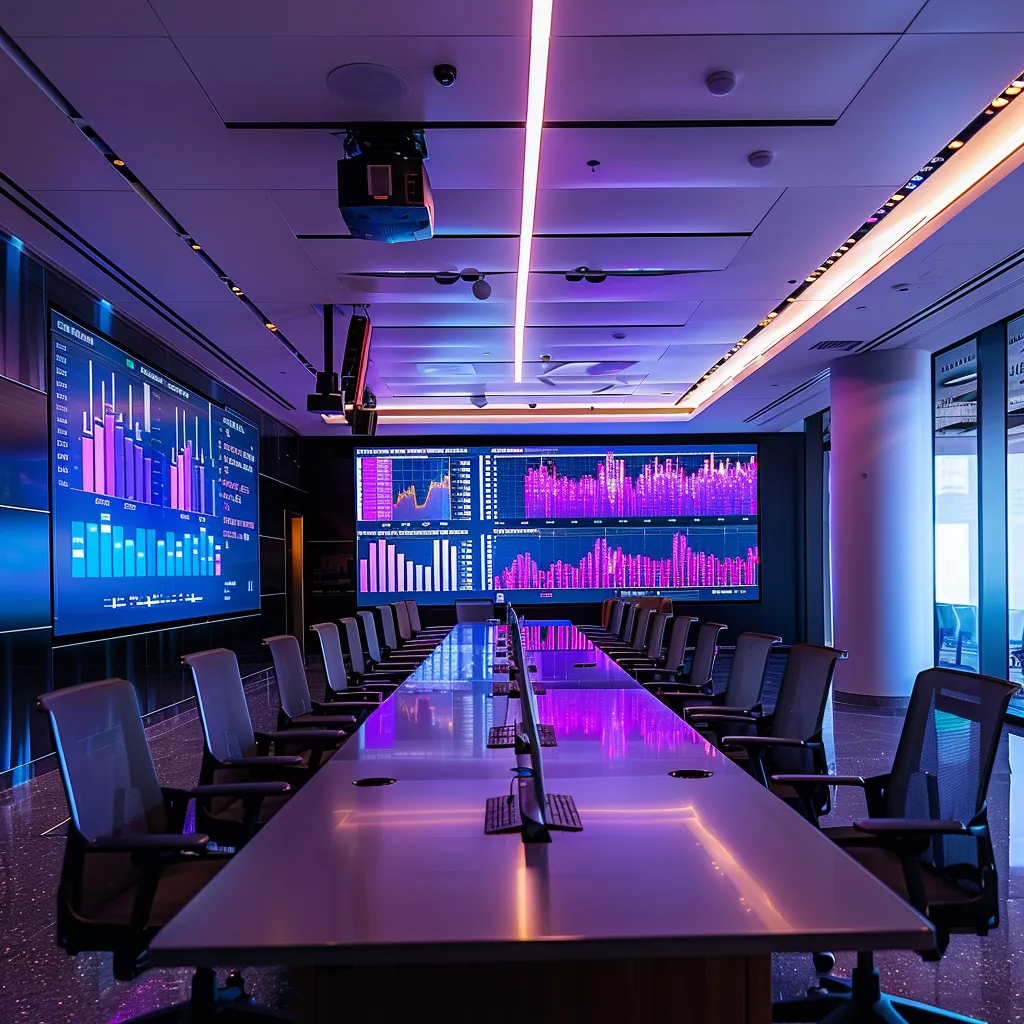 a sleek, modern conference room with a large digital screen displaying vibrant graphs and analytics, illuminated by soft, moody lighting that enhances the atmosphere of collaboration and innovation.