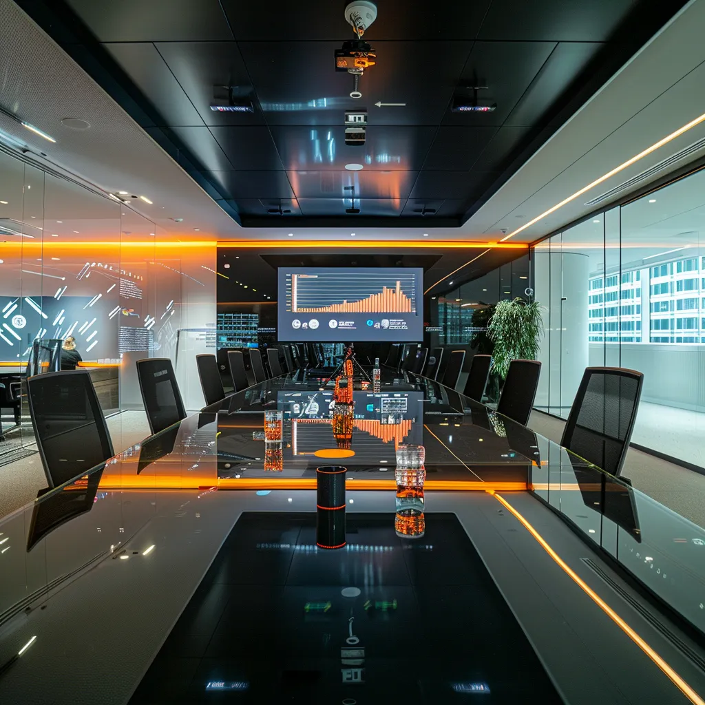 a sleek, modern office conference room showcases an illuminated digital display, highlighting a dynamic team brainstorming session around a polished glass table, with vibrant charts and graphs projected in the background.