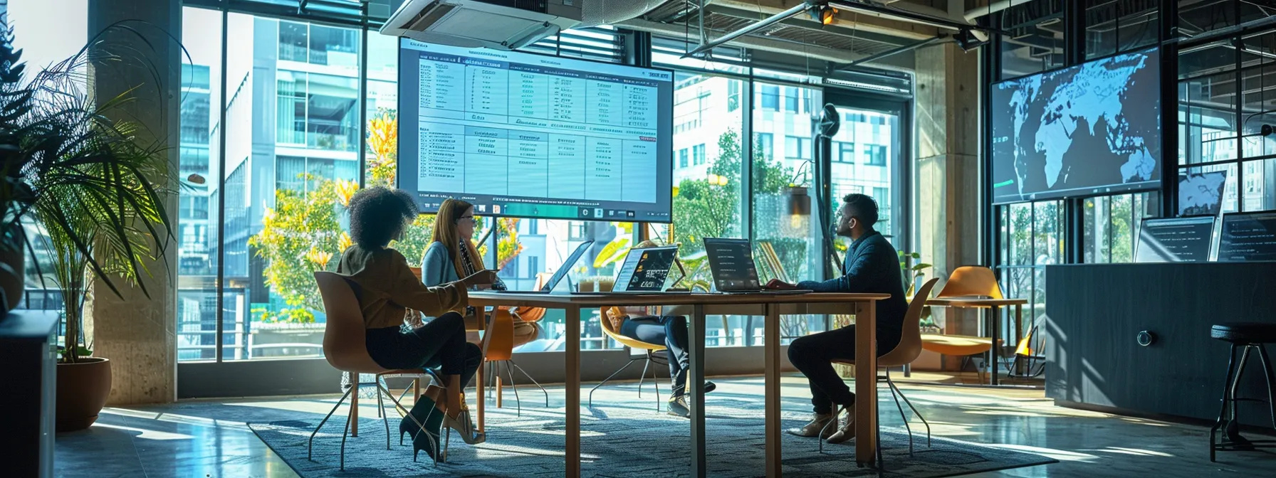a sleek, modern office environment showcases a dynamic team of real estate professionals engaged in a collaborative meeting, surrounded by digital displays illustrating the powerful functionalities of various crm tools like salesforce, hubspot, and zoho, emphasizing productivity and technological integration.