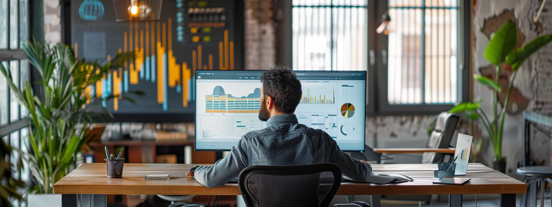 a sleek, modern office environment showcases a focused real estate professional analyzing social media metrics on a large screen, surrounded by vibrant charts and graphs that illustrate successful online strategies.