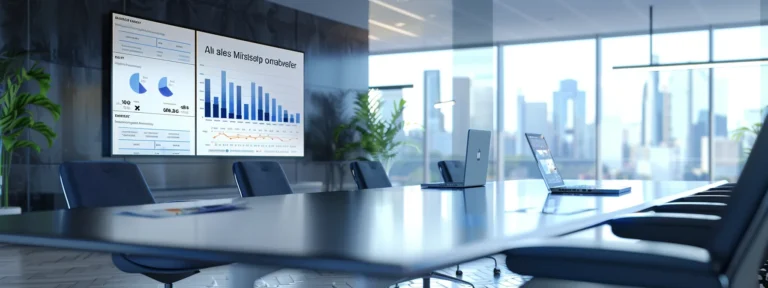 a sleek, modern office environment featuring a large digital display with dynamic graphs and analytics, illustrating realtor lead performance metrics tracked through google tag manager, illuminated by focused led lighting.