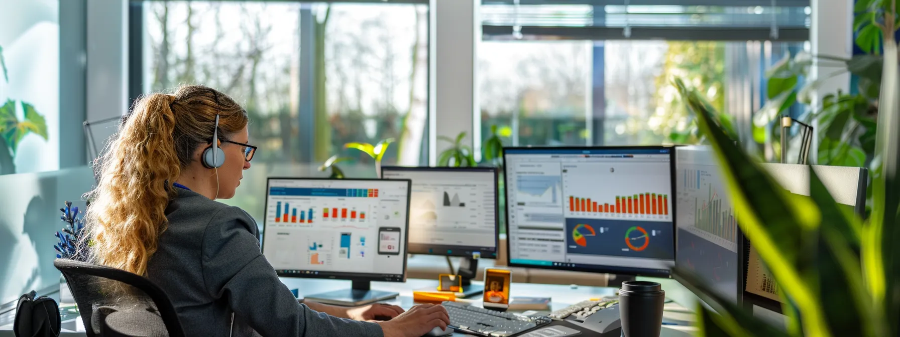 a sleek modern office featuring a vibrant workspace with detailed dashboards displayed on multiple screens, illustrating the advanced features of a crm tool, while a focused realtor reviews user feedback on a digital tablet, embodying the essence of strategic business decision-making.